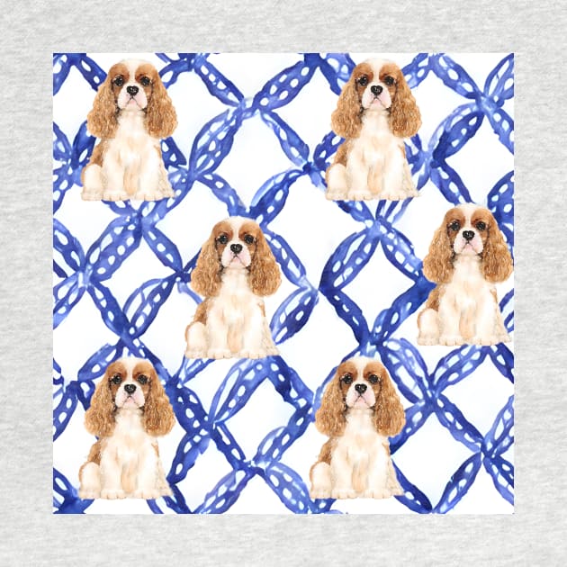 King Charles spaniels and blue lattice seamless pattern by SophieClimaArt